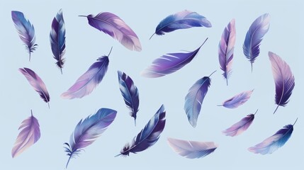 Fototapeta na wymiar Falling Feathers Backdrop On Light Blue Background 