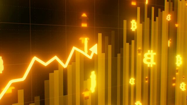 Bitcoin price pump rising animated gold chart arrow bull market rally 4k footage.