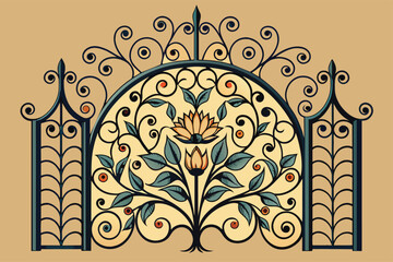 Fototapeta na wymiar wrought-iron-gate-with-swirling-floral-patterns illus.eps