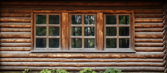 Fototapeta na wymiar A rectangular log cabin made of hardwood with a window on the side. Surrounded by grass and plants, the rustic building is coated in wood stain