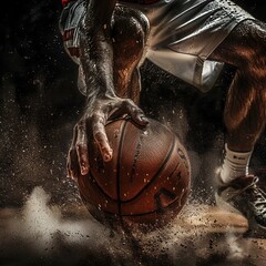 Basketball in motion, freeze frame capturing the splitsecond of a crossover dribble, high ISO, gritty texture