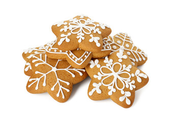 Tasty star shaped Christmas cookies with icing isolated on white
