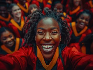 Gordijnen Celebratory drone footage of a graduation, medium shot of graduates in gowns, embracing and cheering © Phawika