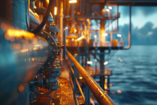 Manual ball valve in offshore pipeline and gas center. Gas or oil pipes on an offshore drilling platform
