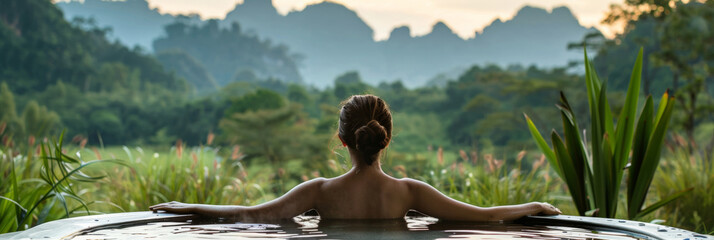 Woman bathing in hot tub with mountain view, surrounded by natures beauty. Generative AI
