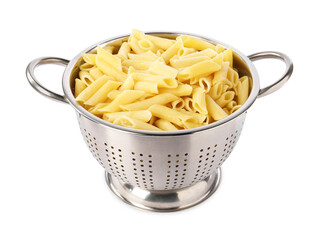 Cooked pasta in metal colander isolated on white