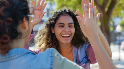 Laughing latin american female young adult giving high five to hispanic friend