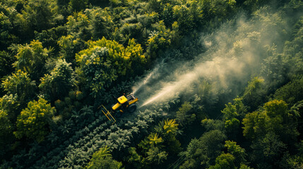 Aerial View: Crop Spraying on Rural Farmland
