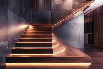 Luxurious modern wooden stairs illuminated in a large minimalist apartment or house
