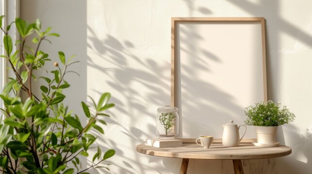 A mock-up of a blank menu or order card on a table with a tasteful tea set in a tranquil setting with soft sunlight.