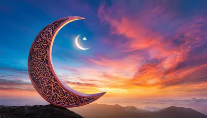 Fotobehang a stunning Eid al-Fitr card design featuring a crescent moon on a backdrop of a colorful sunset sky. The vibrant hues of the sky symbolize the joy and blessings of the occasion, making it an ideal cho © Asad