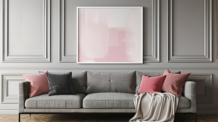 Interior design of modern living room, Grey sofa with pink pillows and blanket against white wall with abstract art poster, Modern living area with contemporary minimalist decor. Cropped