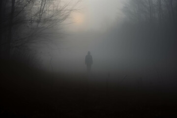 A mysterious shadow in the dense fog near a small village on the outskirts of the city. - obrazy, fototapety, plakaty