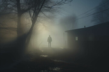 A mysterious shadow in the dense fog near a small village on the outskirts of the city.