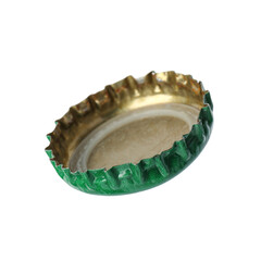 One green beer bottle cap isolated on white
