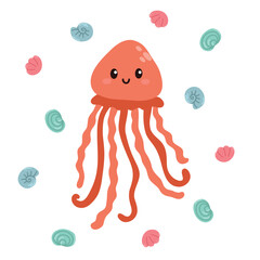 Cute jellyfish with hand drawn sea life elements. Sea animals. Vector doodle cartoon jellyfish of marine life objects for your design.
