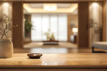  Modern Chinese style living room in light wood color with an empty table in the foreground with space for a product  © Ivan