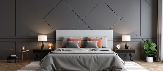 Close-up view of a neatly made bed featuring a soothing gray comforter and a gently glowing lamp