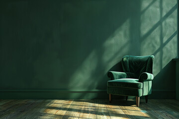 Dark green empty room with blank wall and chair with space for text or inscriptions with shadows from the window
