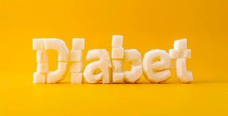 Diabet diabetes word made of sugar cubes on yellow background. Banner