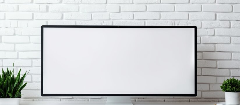 A rectangle display device is placed on a desk in front of a white brick wall. The monitor squares off the parallel lines, creating a modern look