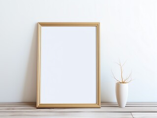 a gold frame with a plant in a white vase