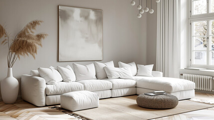 Modern living room with sofa, Photo frame with white corner sofa near Scandinavian home interior design of modern living room minimal background