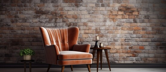 Furniture made of wood, a chair and a table, are placed in front of a brick wall inside a house with hardwood flooring made of building materials like brickwork - obrazy, fototapety, plakaty