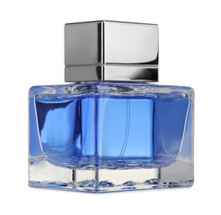 Blue men perfume in glass bottle isolated on white