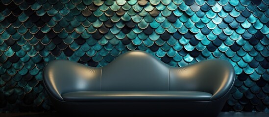 An intimate view of a sofa positioned in front of a wall adorned with textured fish scales