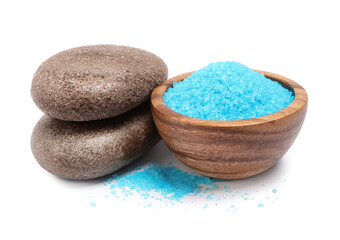 Fototapeta na wymiar Light blue sea salt in bowl and spa stones isolated on white