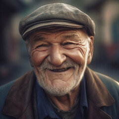 Elderly man with a warm smile wearing a cap. - obrazy, fototapety, plakaty