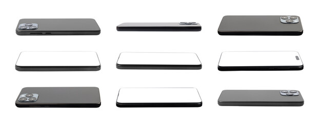 Smartphones with blank screens isolated on white, collage. Mockup for design