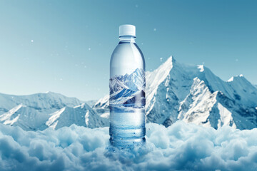 Plastic water bottle against the background of snow-capped mountains, water advertising with space for text or inscriptions
