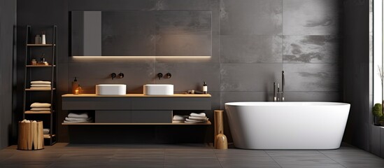 A luxurious bathroom in a beautifully crafted house with two sinks and a bathtub. The elegant wood flooring complements the metal fixtures and rectangular design