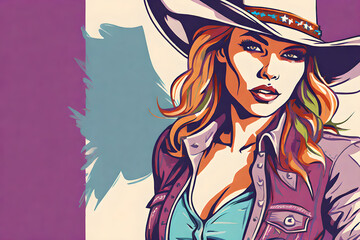 Drawing of a beautiful cowgirl woman in the wild west. Beautiful country woman in a hat and shirt.