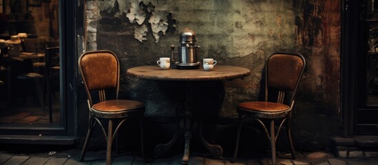 A table with two chairs, made of hardwood, is set in a dark room with two cups of coffee. The furniture adds an artistic touch to the house