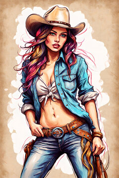 Drawing of a beautiful cowgirl woman in the wild west. Beautiful country woman in a hat and shirt.