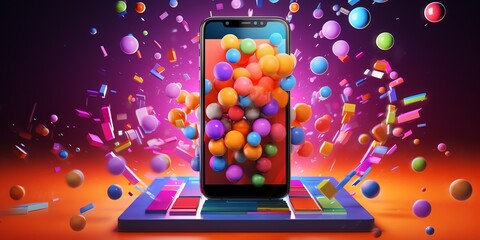 a cellphone with colorful balls flying out of it