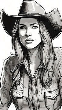 Drawing of a beautiful cowgirl woman in the wild west. Beautiful country woman in a hat and shirt - drawing.
