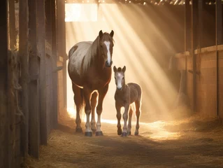 Foto op Plexiglas A horse and a foal in a barn, surrounded by darkness and shadows © lolya1988