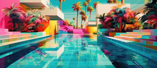 Enjoy a vibrant painting of a swimming pool oasis with aqua water, surrounded by palm trees and...