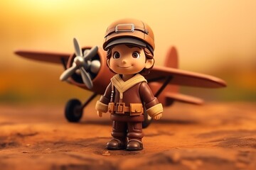 a toy boy standing next to a plane