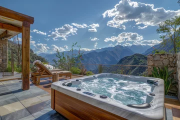 Tuinposter Hot tub on patio with mountain view, surrounded by natural landscape. Generative AI © Eugen