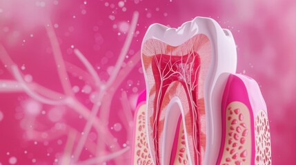 Detailed digital illustration showcasing a crosssection of a human tooth, highlighting the enamel, dentin, and pulp against a pink background , 3D illustration