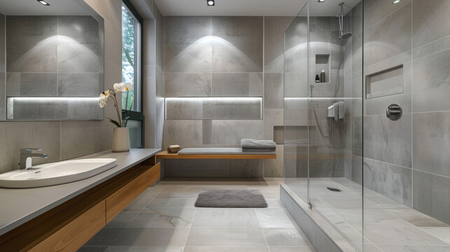 A modern bathroom with gray tile walls, a floating vanity, and a walk-in shower with a built-in bench