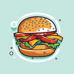 A vibrant illustration of a juicy burger with fresh veggies, cheese, and a sesame seed bun