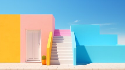 a colorful building with stairs and a door
