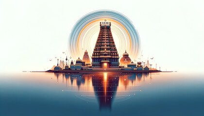 Illustration for tamil new year with temple and symbols.