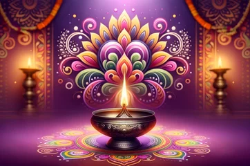 Fotobehang Beautiful illustration for tamil new year celebration with diya lamp and decoration. © Milano